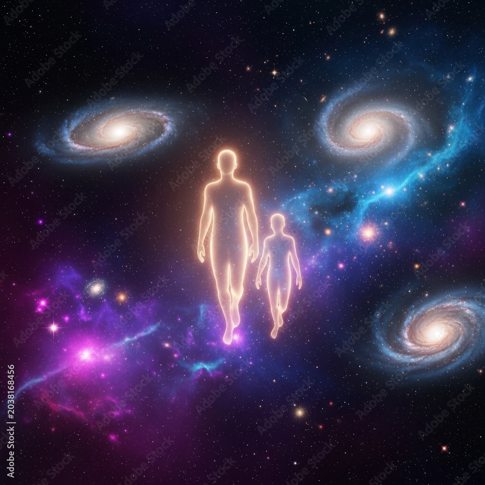 Naklejka premium A cosmic scene featuring two glowing silhouettes floating in deep space amidst swirling nebulae, distant stars, and colorful galaxies, outer space, void, vibrant