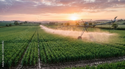 Center pivot irrigation system spraying water over expansive corn field at sunrise in agricultural rural landscape