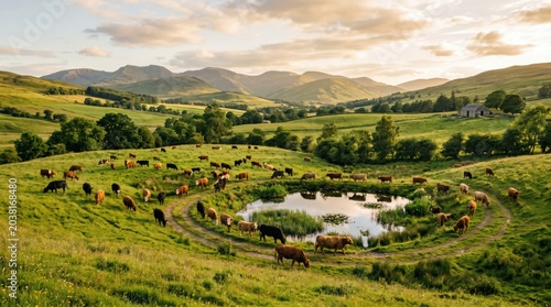 Herd of cows grazing around small pond in rolling green hills and valley landscape with distant mountains and soft sky