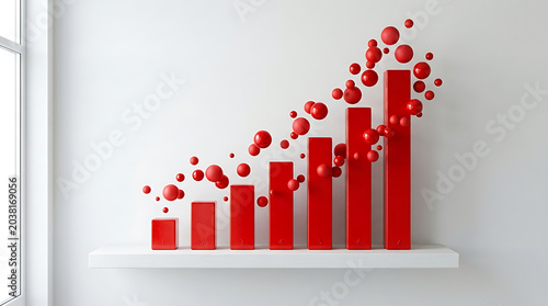 Red bar chart with floating spheres