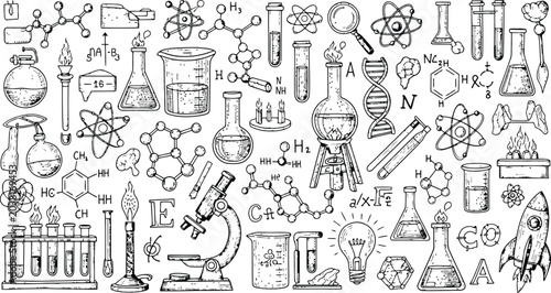 Konstfotografi Scientific Laboratory And Research Icons With Chemistry Molecules And Atomic Str