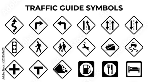 Foto A graphic collection of various traffic guide symbols and road signs used for navigation and safety on roads