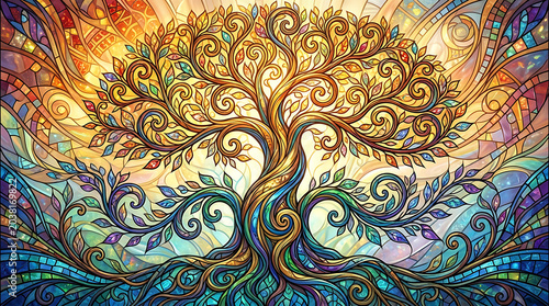 Stylized tree with colorful leaves and roots