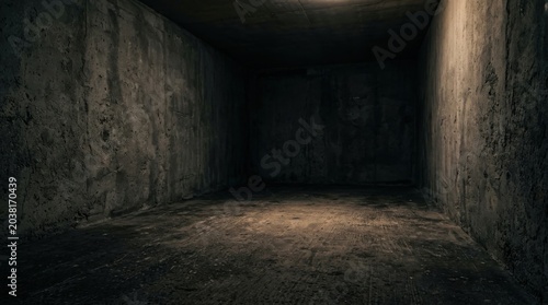 Empty Dark Dungeon Room with Dramatic Light on Floor, Grungy Concrete Walls