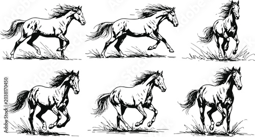 Fotografi Six horses running in a line across a grassy field during daytime