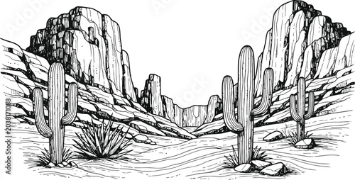 Foto Sonoran Desert landscape with saguaro cacti and rugged mountains in a detailed l