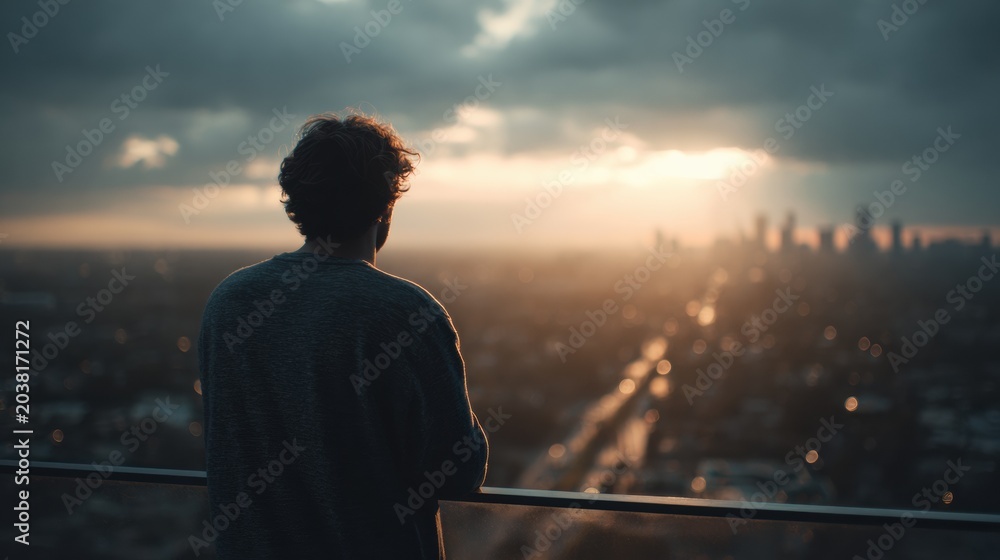 Fototapeta premium Person Standing on Urban Balcony During Sunset Overlooking Cityscape