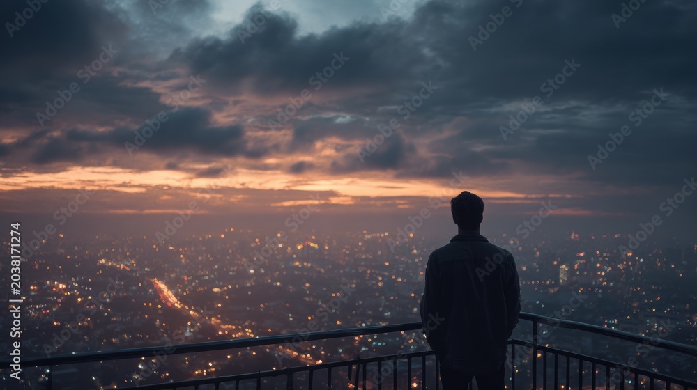 Fototapeta premium Man Standing on Balcony Overlooking Cityscape During Sunset