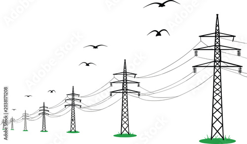 Bild auf Leinwand Electric transmission line sketch vector illustration with power towers utility
