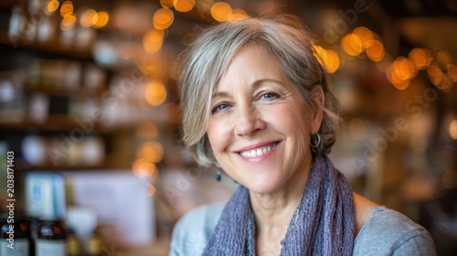 Confident Mature Female Entrepreneur Smiling in Cozy Ambient Setting