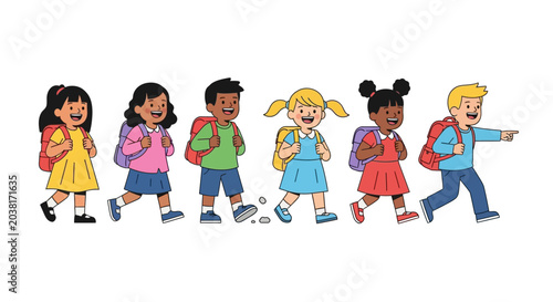 Foto Diverse children walking in line together.