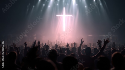 Silhouette of crowd of believers raising hands in front of illuminated cross at religious event