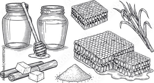 Foto Sweeteners collection with honey jars sugarcane honeycomb and granulated sugar i