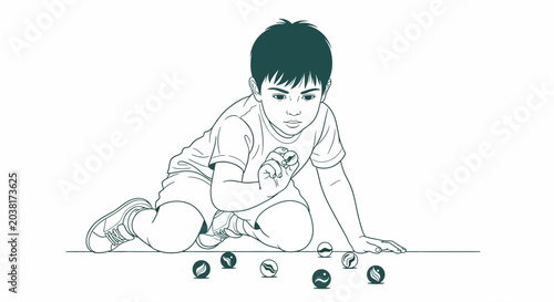 Foto Little boy playing with marbles on floor.