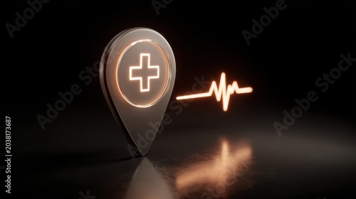 3D Rendered Medical Map Pin with Heartbeat Line and Hospital Icon