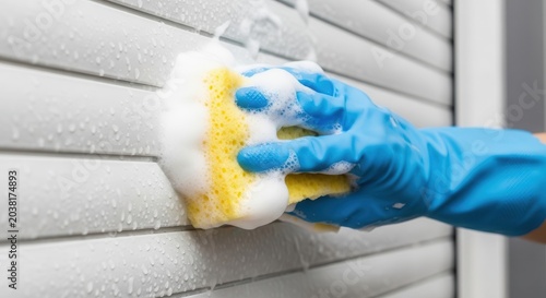 Hand wearing blue glove cleaning window blinds with soapy sponge.