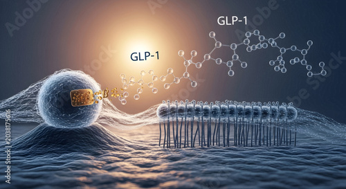 Scientific illustration of GLP-1 molecules interacting with a cell receptor and a cellular membrane, depicting molecular biology.