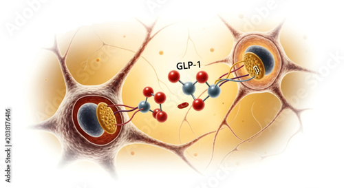 An illustration of GLP-1 molecules interacting between two neurons, depicting cellular communication in the nervous system.