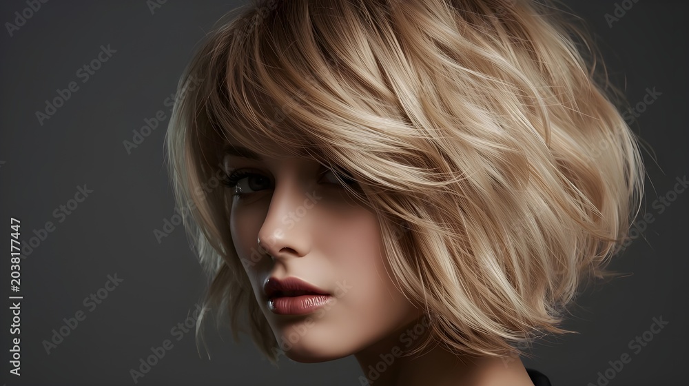 Naklejka premium Woman with trendy wolf cut hairstyle and soft layers poses for modern fashion editorial