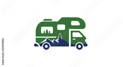 Tableau sur toile Green camper van on mountain road.
