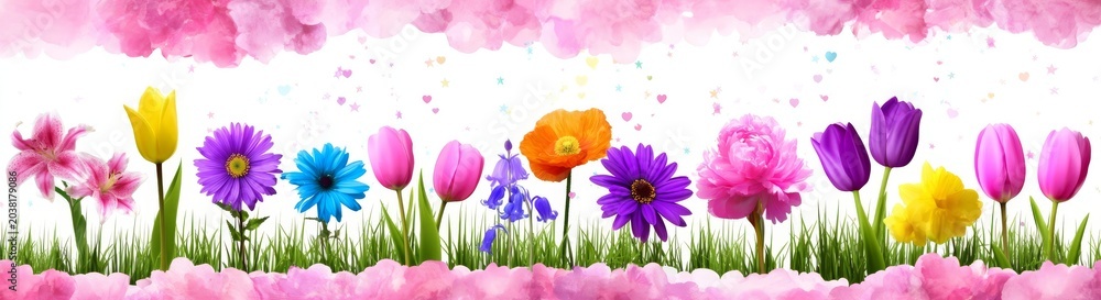 Fototapeta premium Vibrant Spring Flowers with Watercolor Accents and Festive Hearts and Stars