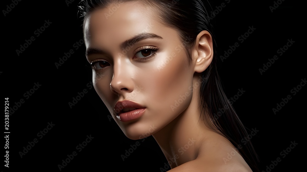 Fototapeta premium Luxury portrait photography captures a woman with sleek hairstyle and glossy skin in dramatic cinematic lighting.