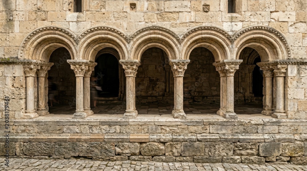 Obraz premium Romanesque Architecture Arches and Columns of Ancient Stone Facade