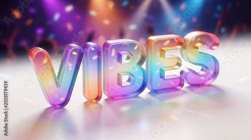 3d render of the word vibes in vibrant rainbow gradient colors with a glossy finish on a stage background