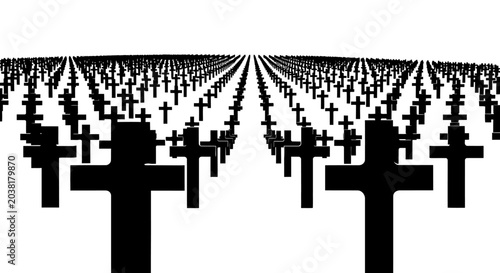 Tableau sur toile Endless cemetery with rows of black pixel crosses on white background symbolizin