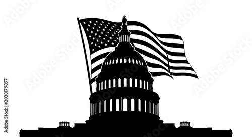 American flag waving above us capitol building silhouette