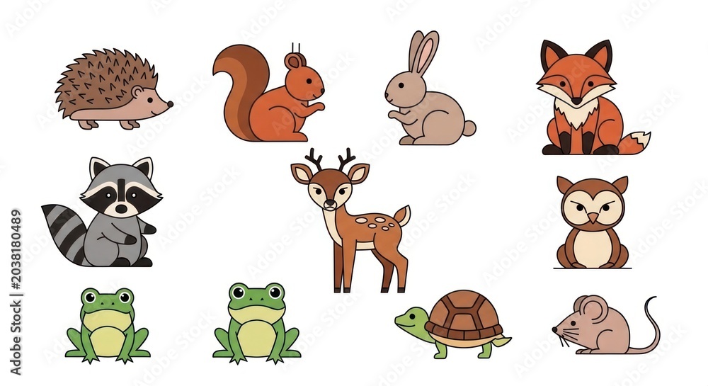Fototapeta premium Cartoon animals collection hedgehog squirrel rabbit fox and more