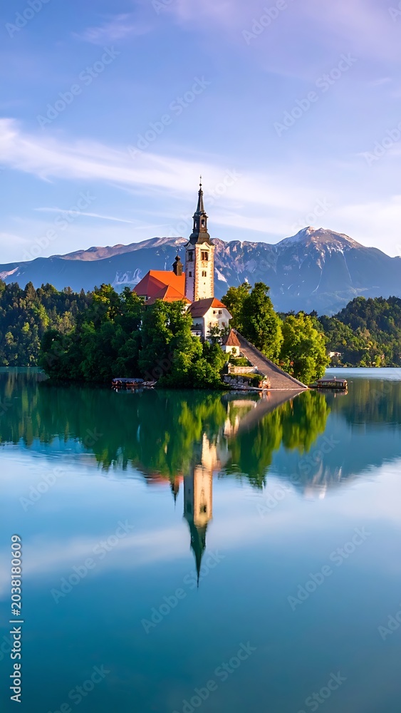 Obraz premium A serene lake scene with a church on a small island