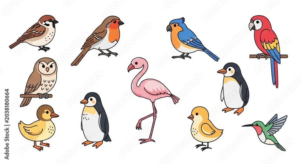 Fototapeta premium Diverse collection of colorful birds in cartoon style against white backdrop