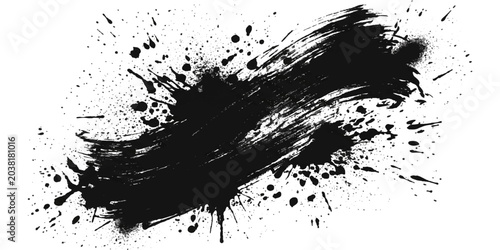 Schilderij op canvas An abstract black ink splash and brush stroke creates a dynamic, textured pattern against a stark white background, evoking a sense of raw energy and artistic expression