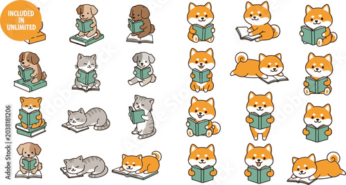 Bild auf Leinwand PrintCute Cartoon Dog and Cat Reading Book Icon Set with Adorable Pets in Educat
