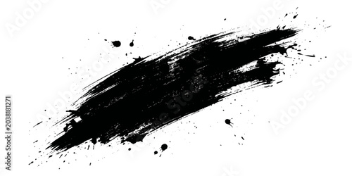 Fotografía A dynamic black ink brush stroke with splatters creates a bold, abstract artistic effect, conveying a sense of raw energy and expressive freedom