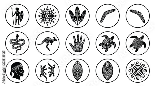 Foto Set of fifteen circular aboriginal art inspired symbols showcasing traditional icon design