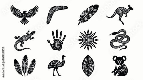 Tableau sur toile Bundle of twelve intricate aboriginal inspired icons featuring australian native symbols