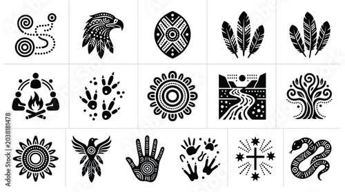 Fotografie Detailed aboriginal art style vector icons representing nature symbols and tribal patterns