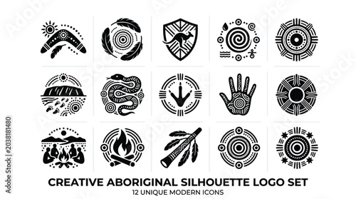 Obraz na płótnie Modern creative aboriginal silhouette logo set featuring unique tribal cultural icon styles