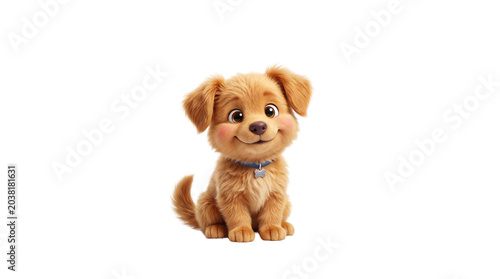 Adorable golden retriever puppy character, cute cartoon dog with blue collar, friendly 3D animated pet illustration for children's books and nursery decor isolated PNG with Transparent Background
