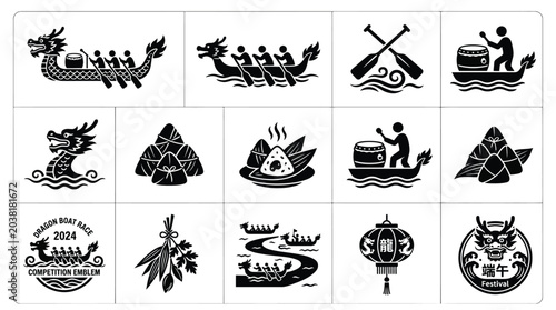 Konstfotografi Dragon boat race festival icons set featuring traditional racing boats drums and food