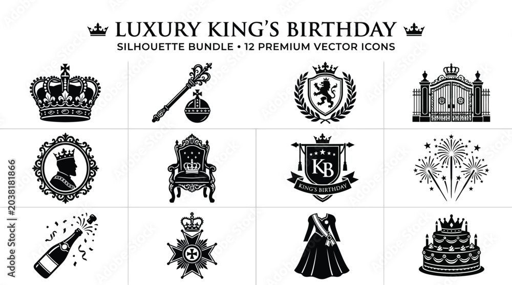 Αυτοκόλλητο Luxury king birthday vector icon set featuring detailed silhouettes of royal elements