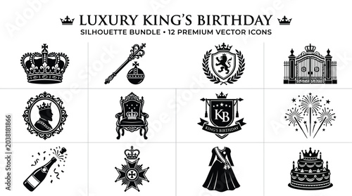 Canvas Print Luxury king birthday vector icon set featuring detailed silhouettes of royal elements
