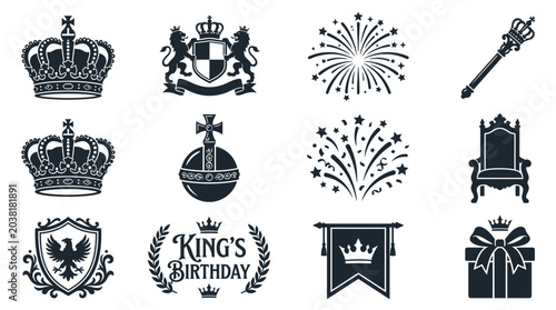 Fotografía Collection of twelve luxury king birthday vector graphics with ornate royal coat of arms