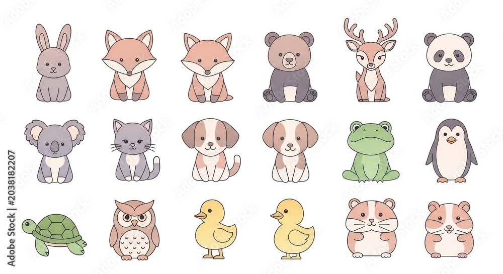 Fototapeta premium Collection of cartoon animals rabbit fox bear deer panda and more