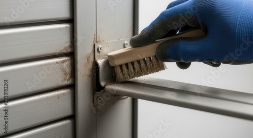 Hand wearing blue glove scrubbing metal surface with brush for cleaning and maintenance.