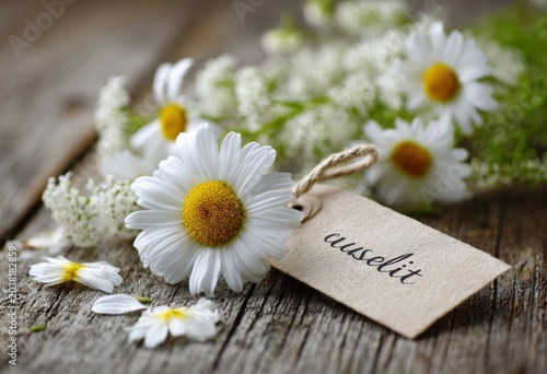 White daisy flowers and a kraft paper tag with the word 'audit' on a wooden table botanical fragrance wellness decoration greeting calligraphy handwritten background close-up