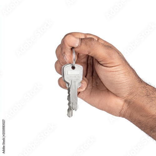 Hand holding keys, white background