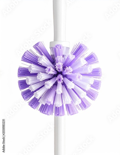 Close-up of a lilac and white toilet bowl brush